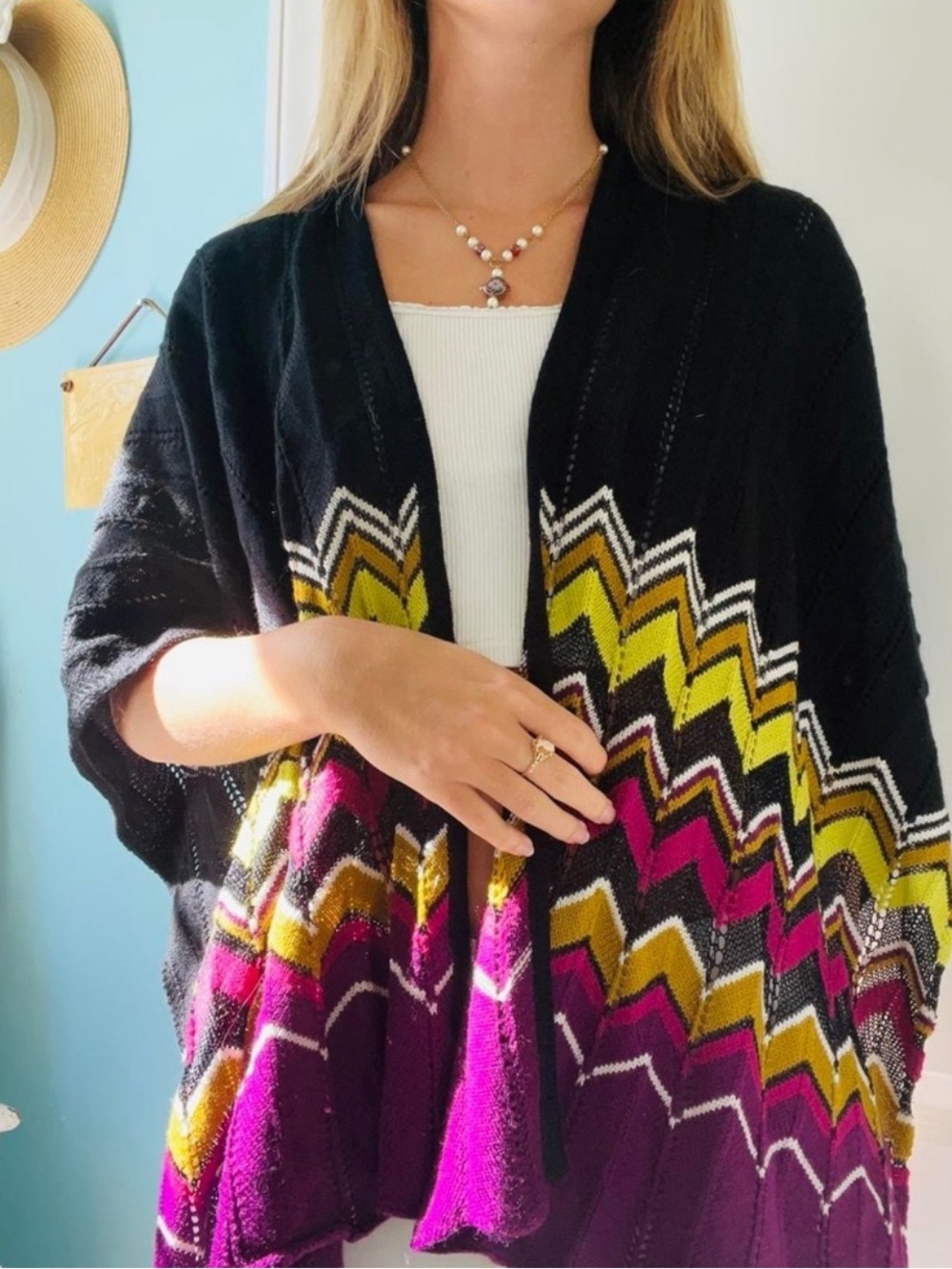 MISSONI Rouna Open Poncho Shawl Chevron print one size